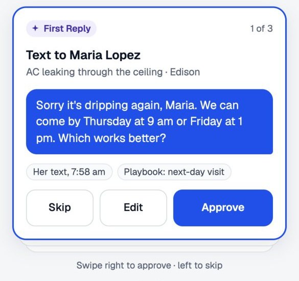 Reflex on a phone: a First Reply draft card with Skip, Edit and Approve buttons, and the hint swipe right to approve, left to skip