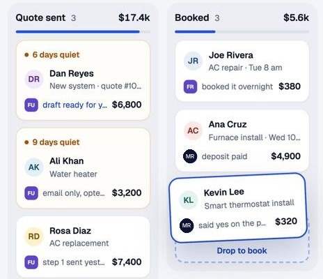Two pipeline columns: Quote sent, with two quotes marked 6 and 9 days quiet, and Booked, with a card being dropped to book