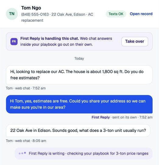 One inbox thread: First Reply is handling a web chat about an AC replacement, with a Take over button beside its note